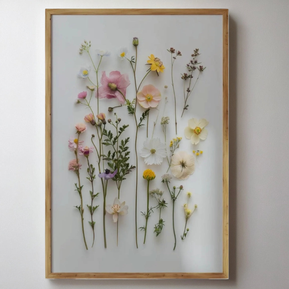 Framed arrangement of pressed flowers on a white background