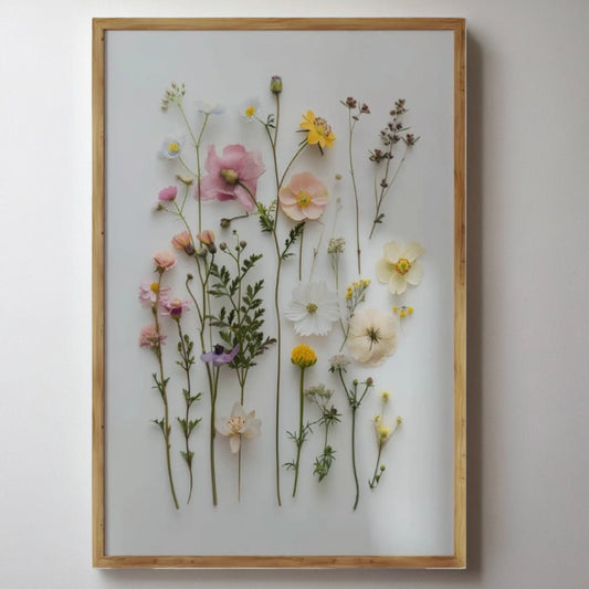 Framed arrangement of pressed flowers on a white background